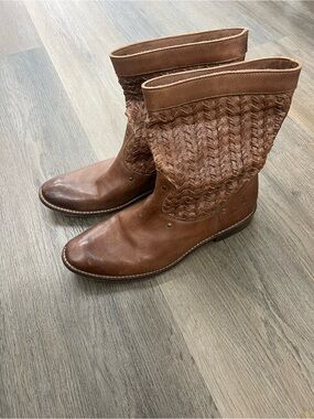 Frye Women's Cognac Woven Leather Mid-Calf Boots